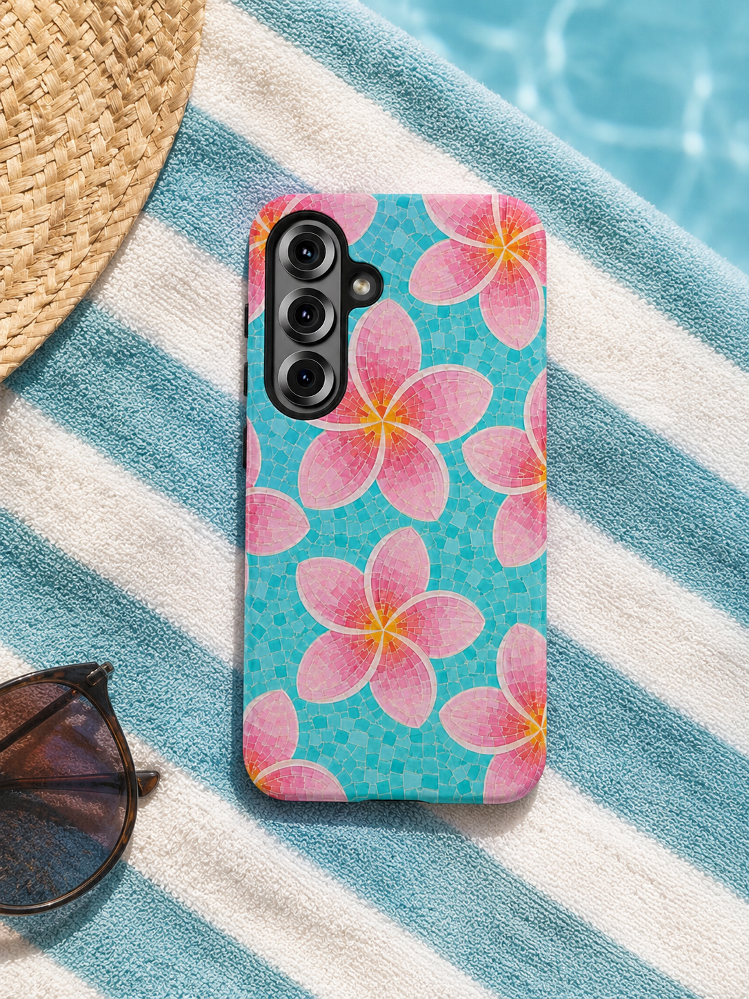 Pink Plumeria Faux Mosaic Phone Case | Tropical Floral Aqua iPhone & Samsung Galaxy Case | Beachy Summer Protective Cover
