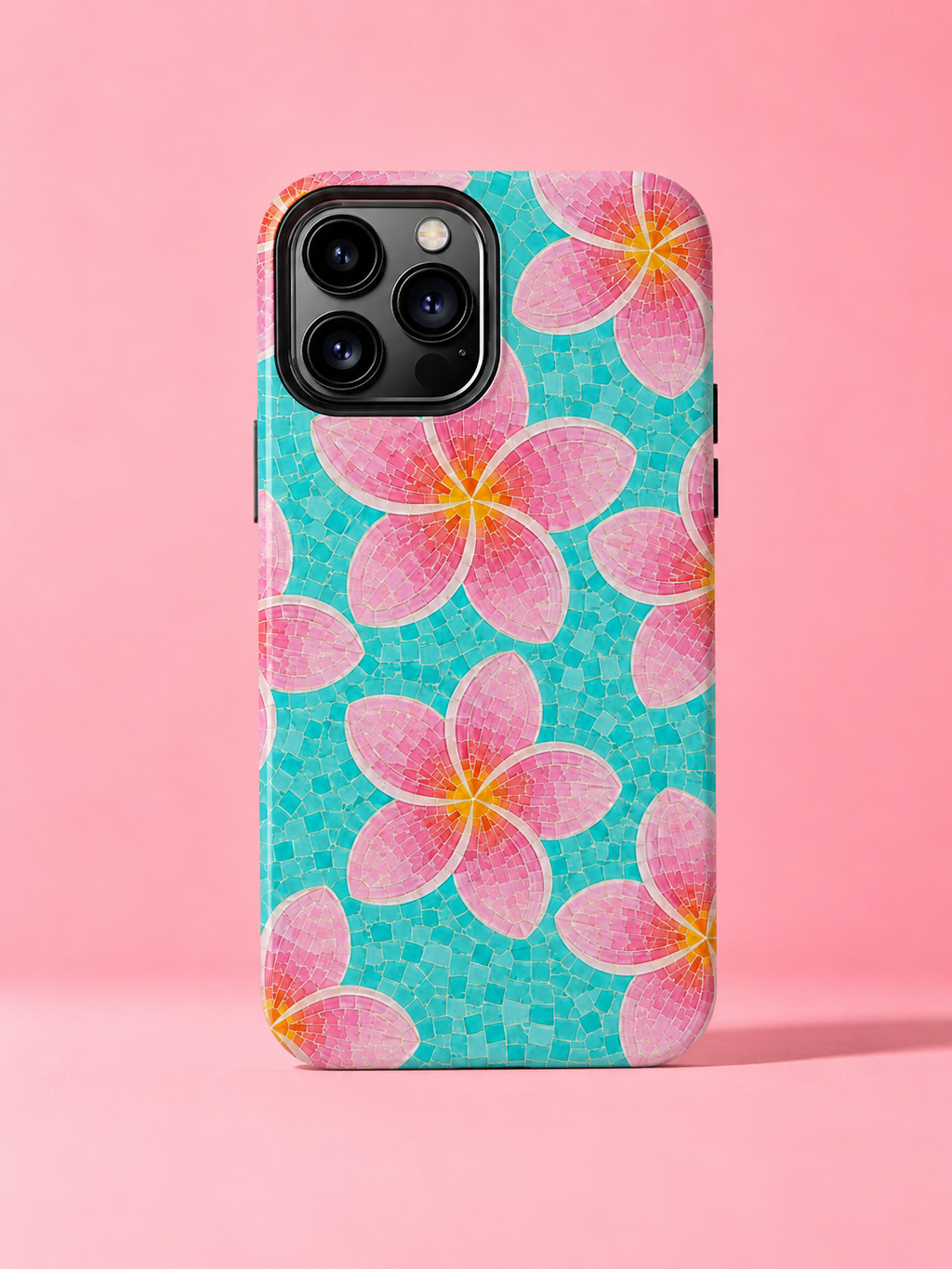 Pink Plumeria Faux Mosaic Phone Case | Tropical Floral Aqua iPhone & Samsung Galaxy Case | Beachy Summer Protective Cover