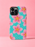 Pink Plumeria Faux Mosaic Phone Case | Tropical Floral Aqua iPhone & Samsung Galaxy Case | Beachy Summer Protective Cover
