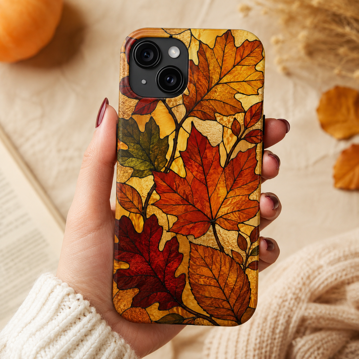 Autumn Leaves Phone Case | Stained Glass Fall Foliage Tough Case for iPhone & Samsung | Cozy Fall Aesthetic Protective Cover