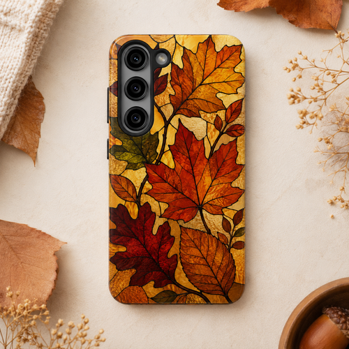 Autumn Leaves Phone Case | Stained Glass Fall Foliage Tough Case for iPhone & Samsung | Cozy Fall Aesthetic Protective Cover