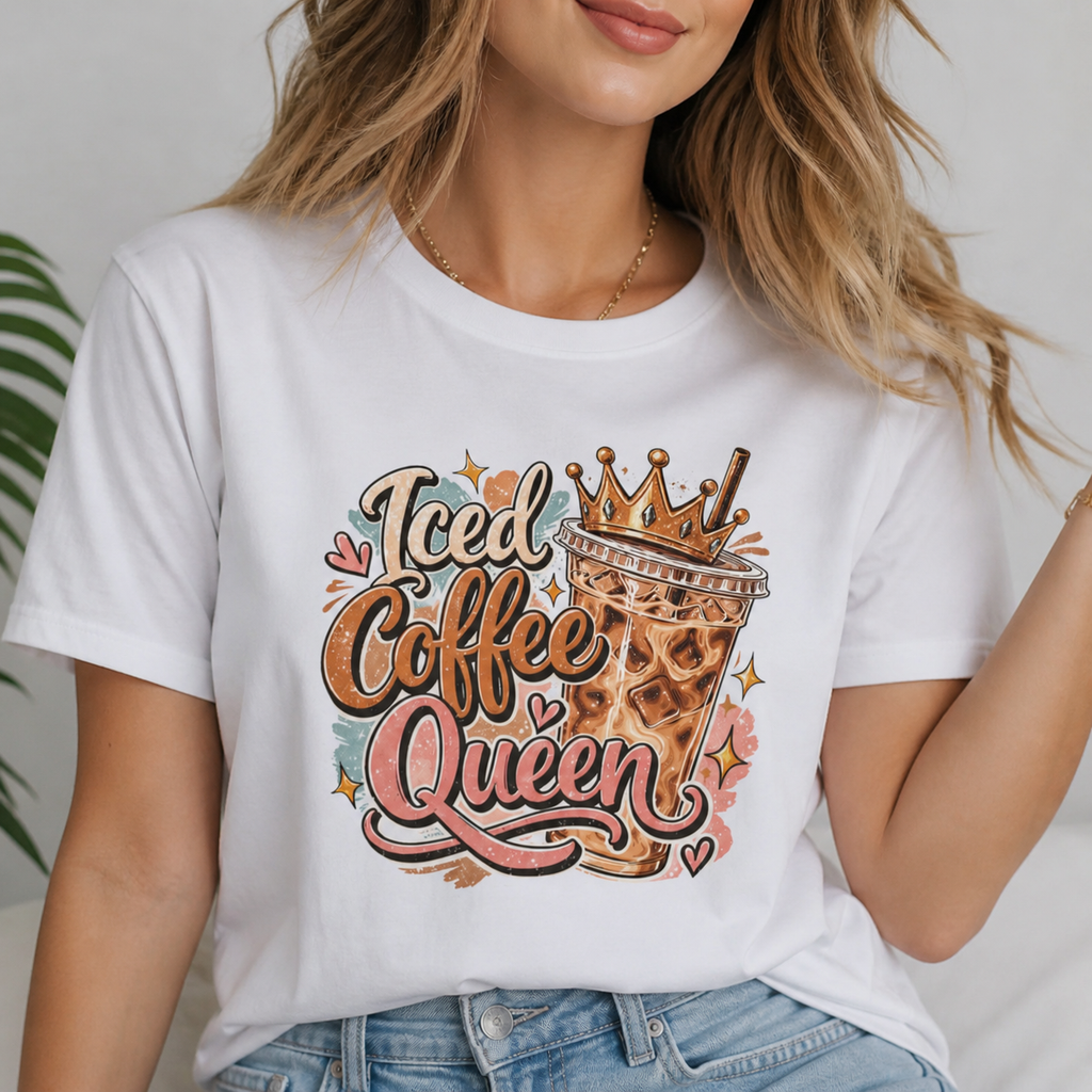 Iced Coffee Queen Graphic T-Shirt  Trendy Women’s Coffee Lover Tee | Cute Aesthetic Jersey Shirt | Oversized Casual Outfit Top