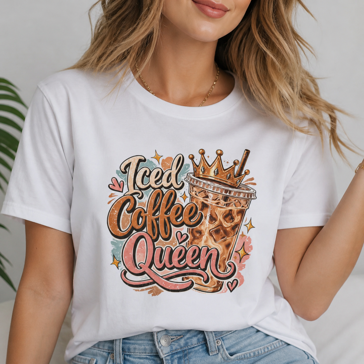 Iced Coffee Queen Graphic T-Shirt  Trendy Women’s Coffee Lover Tee | Cute Aesthetic Jersey Shirt | Oversized Casual Outfit Top