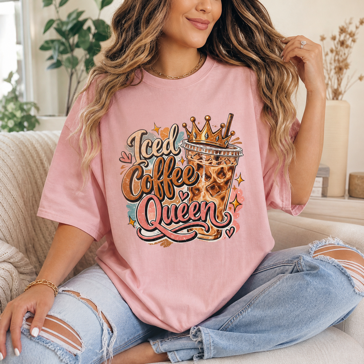 Iced Coffee Queen Graphic T-Shirt  Trendy Women’s Coffee Lover Tee | Cute Aesthetic Jersey Shirt | Oversized Casual Outfit Top