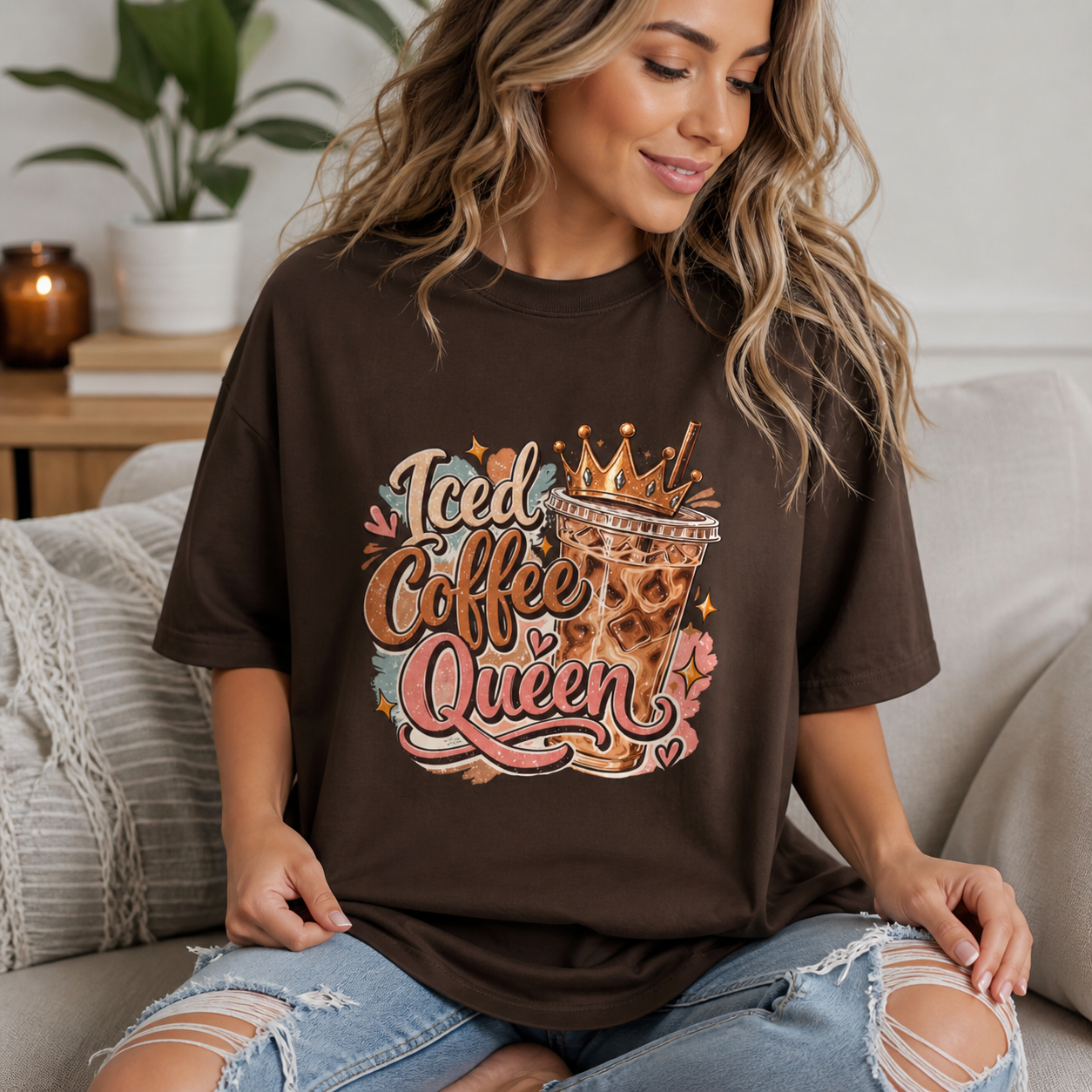 Iced Coffee Queen Graphic T-Shirt  Trendy Women’s Coffee Lover Tee | Cute Aesthetic Jersey Shirt | Oversized Casual Outfit Top