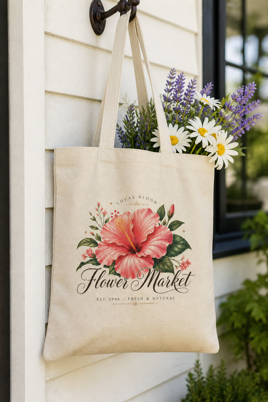 Floral Market Cotton Canvas Tote Bag | Reusable Eco-Friendly Everyday Bag | Lightweight Durable Shoulder Tote | Hibiscus Eco Shopping Bag