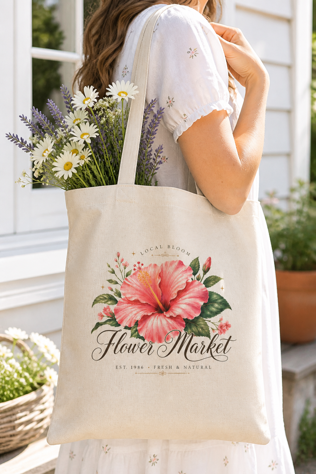 Floral Market Cotton Canvas Tote Bag | Reusable Eco-Friendly Everyday Bag | Lightweight Durable Shoulder Tote | Hibiscus Eco Shopping Bag