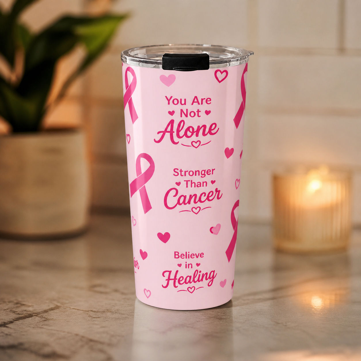 Breast Cancer Awareness Pink Tumbler | You Are Not Alone - Motivational Cup | 20oz Insulated Skinny Tumbler Gift for Warriors & Survivors