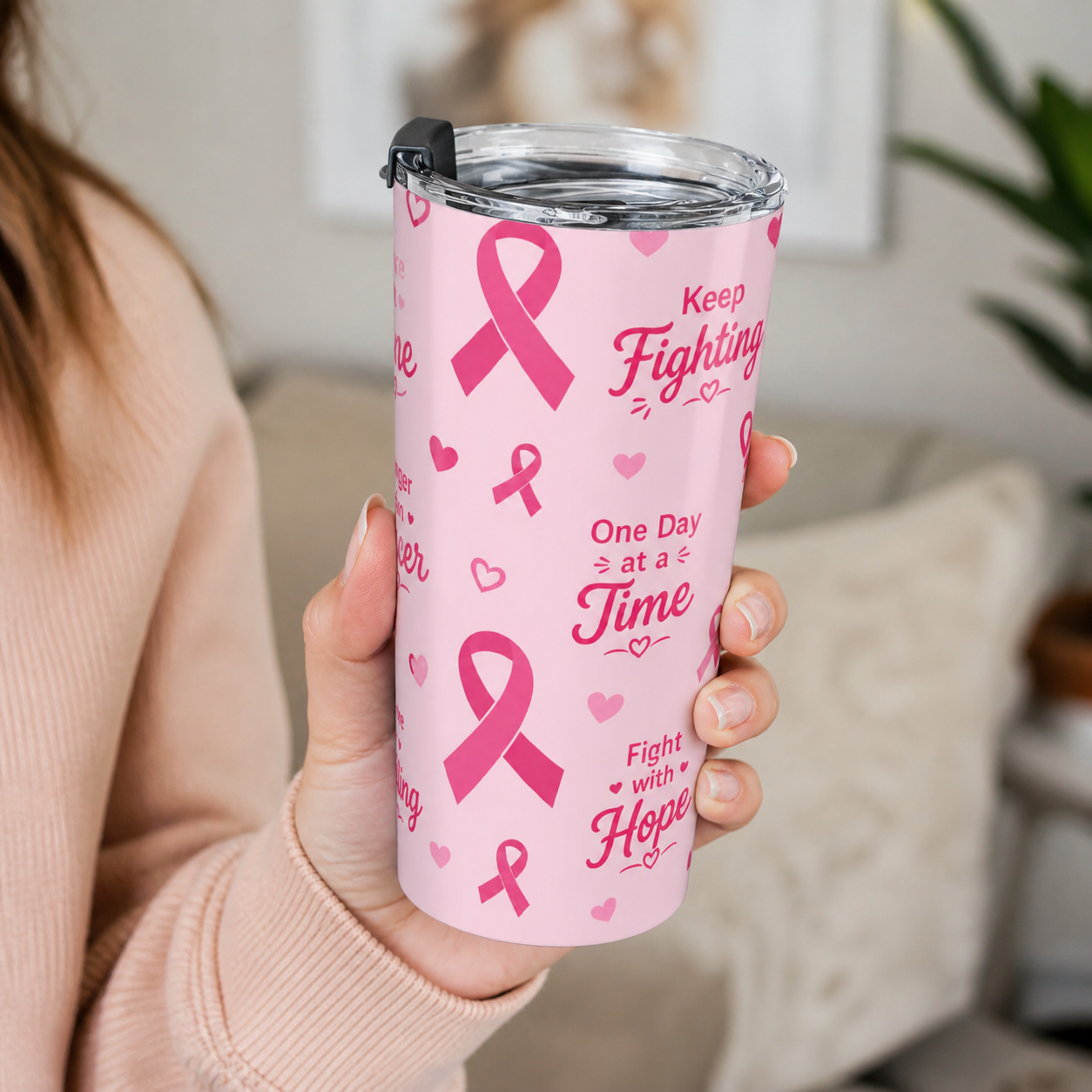 Breast Cancer Awareness Pink Tumbler | You Are Not Alone - Motivational Cup | 20oz Insulated Skinny Tumbler Gift for Warriors & Survivors