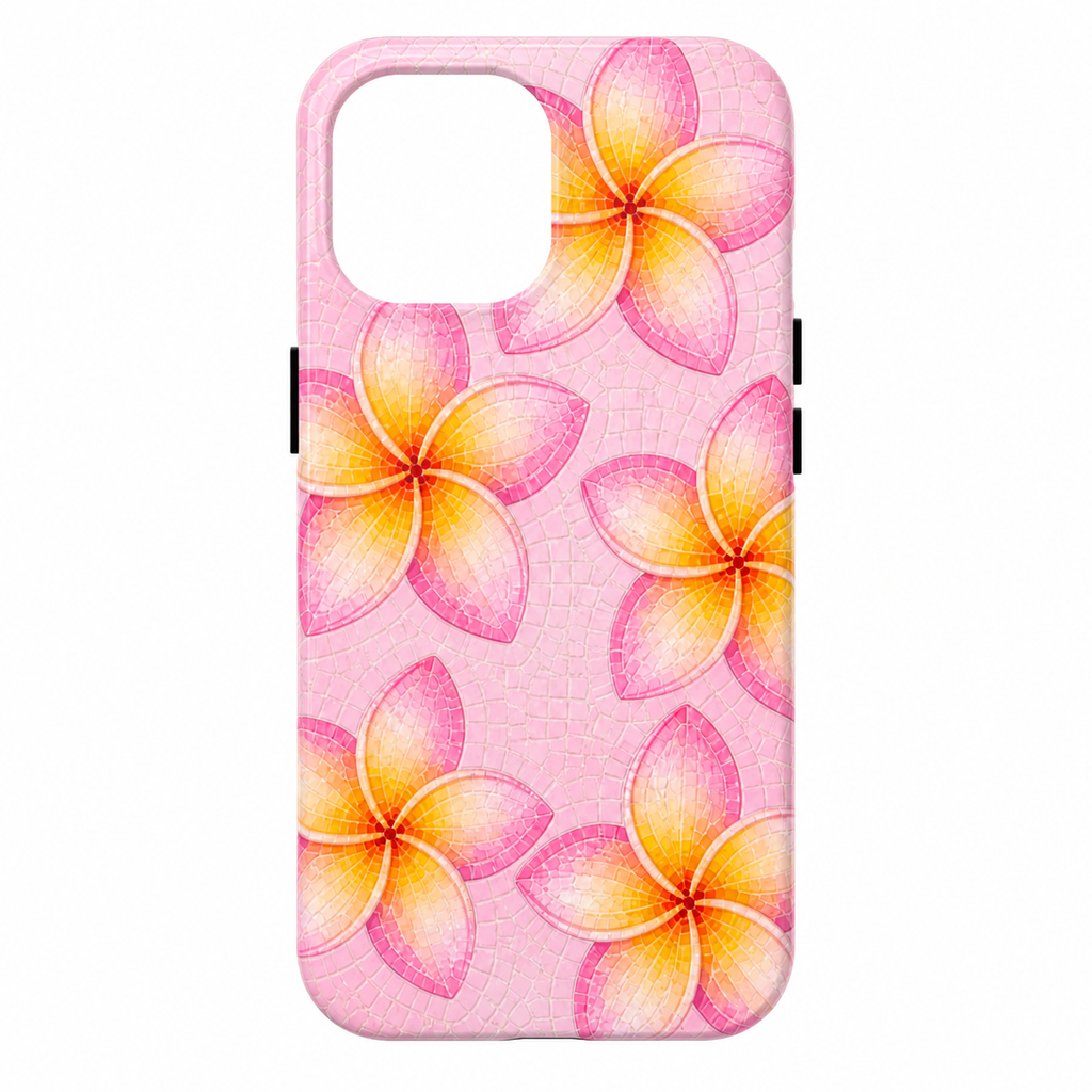 Pink Plumeria Stained Glass Phone Case | Tropical Floral Mosaic iPhone 17 case | Cute Aesthetic Tough Case for iPhone & Samsung