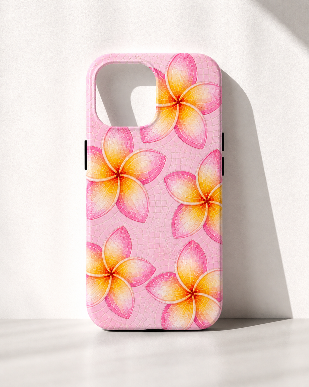 Pink Plumeria Stained Glass Phone Case | Tropical Floral Mosaic iPhone 17 case | Cute Aesthetic Tough Case for iPhone & Samsung