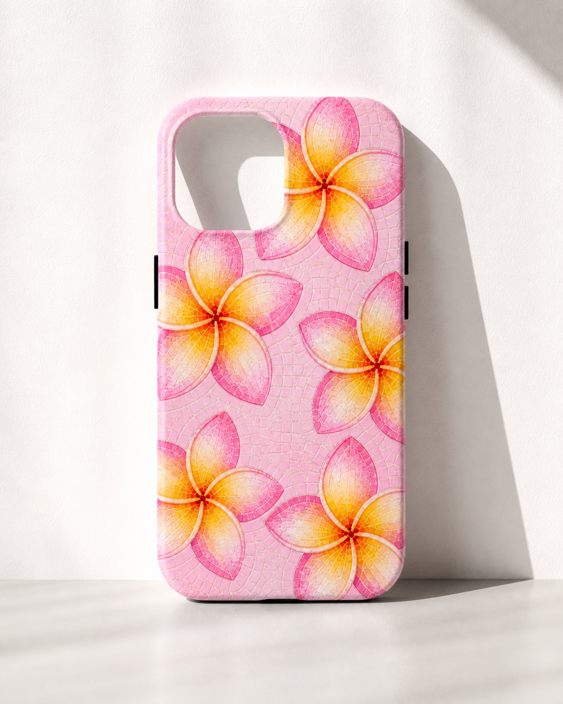 Pink Plumeria Stained Glass Phone Case | Tropical Floral Mosaic iPhone 17 case | Cute Aesthetic Tough Case for iPhone & Samsung