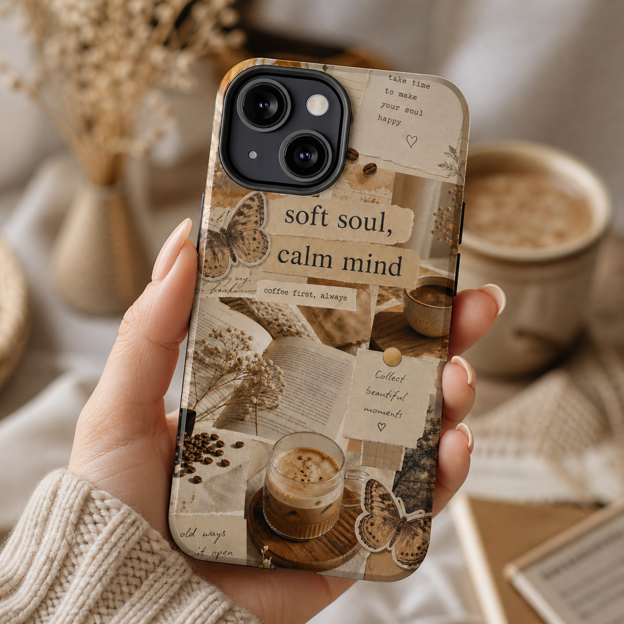 Aesthetic Coffee Collage Phone Case | Soft Soul, Calm Mind - Cozy Vibes | Tough Protective Case for iPhone & Samsung | Butterfly Protective Case