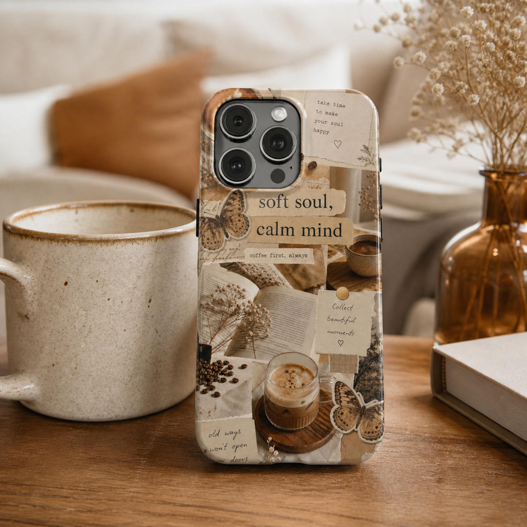 Aesthetic Coffee Collage Phone Case | Soft Soul, Calm Mind - Cozy Vibes | Tough Protective Case for iPhone & Samsung | Butterfly Protective Case