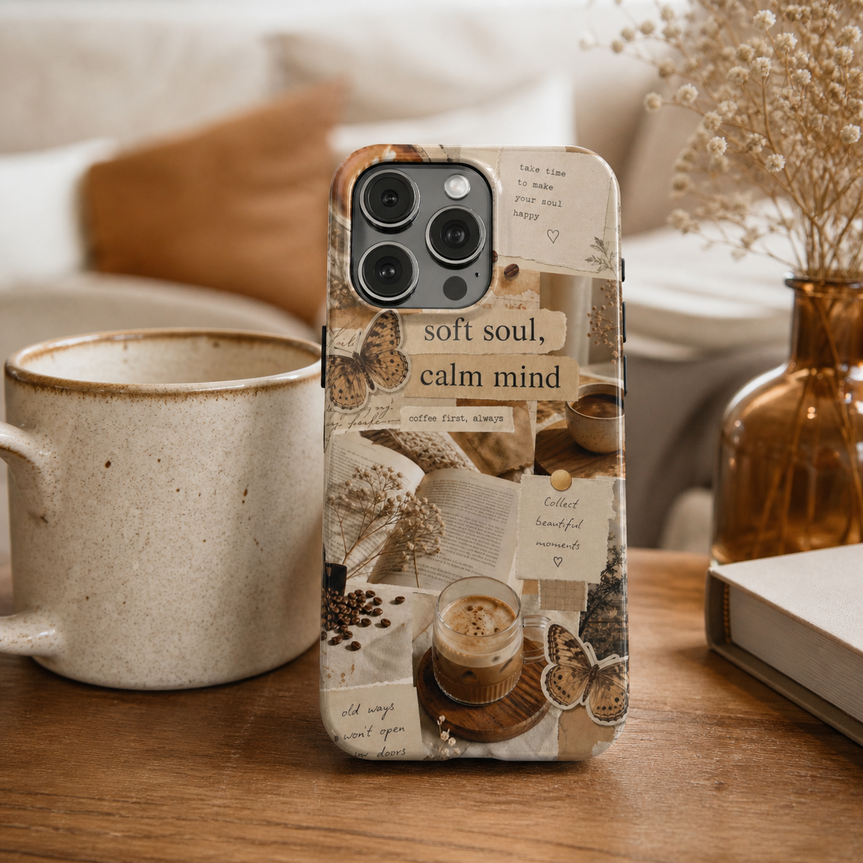 Aesthetic Coffee Collage Phone Case | Soft Soul, Calm Mind - Cozy Vibes | Tough Protective Case for iPhone & Samsung | Butterfly Protective Case