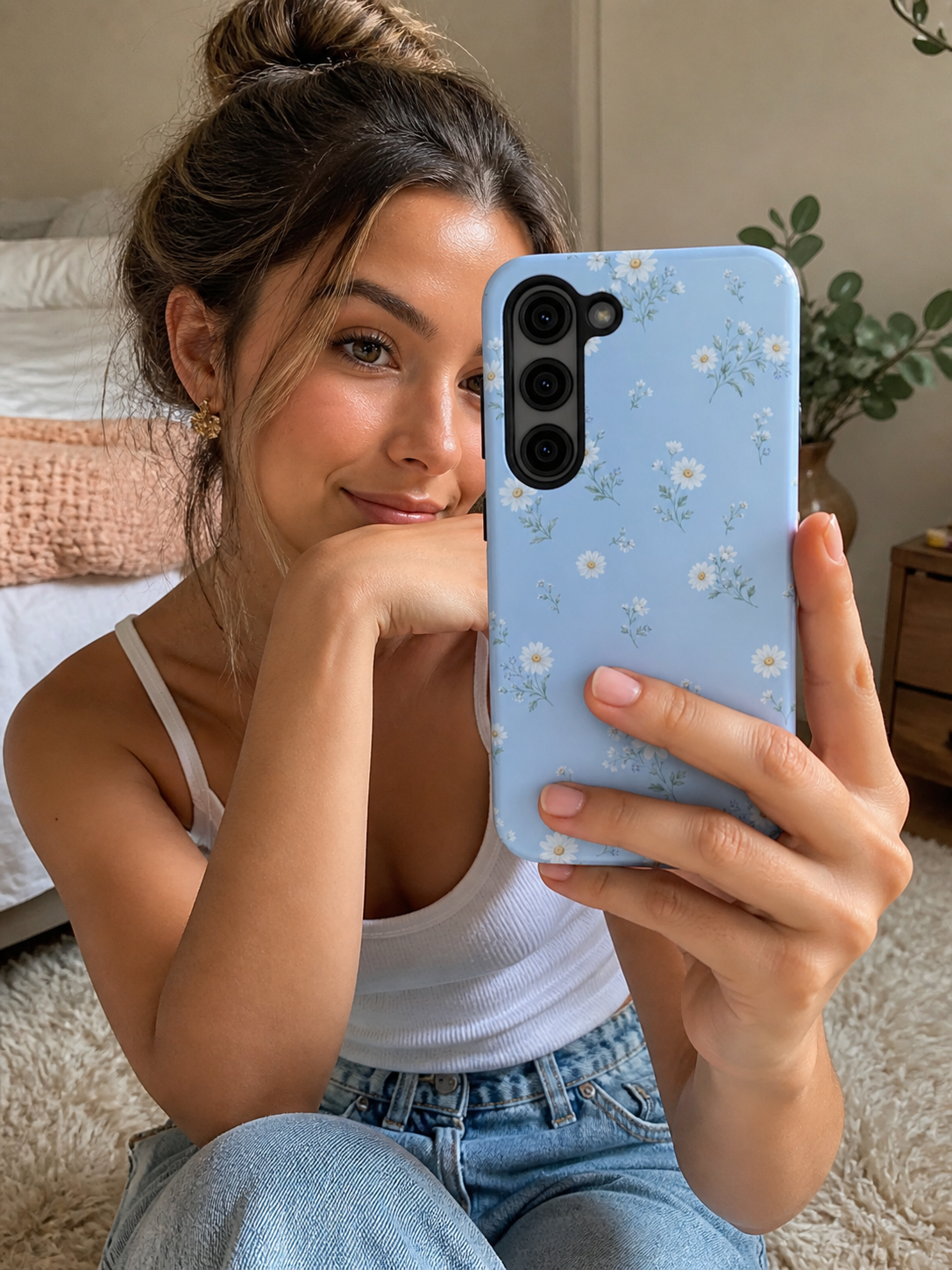 Blue Daisy Floral Phone Case | Cute Aesthetic Wildflower Tough Case for iPhone & Samsung | Summer Cottagecore Protective Cover | Tough Phone Cases