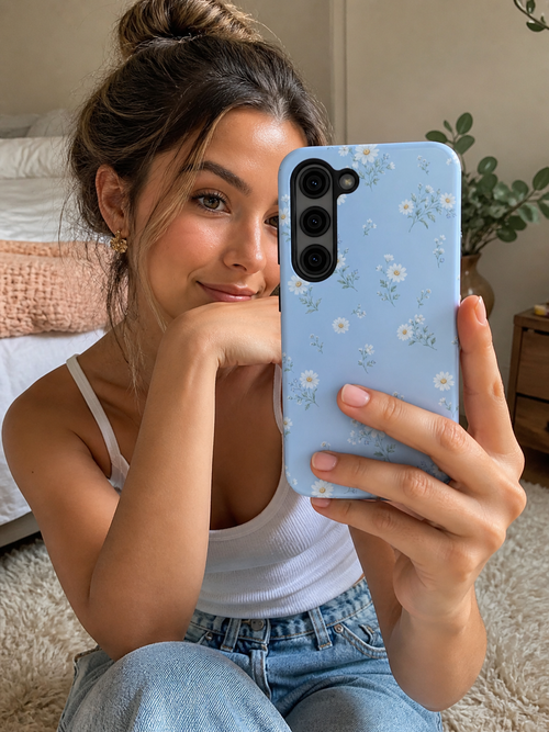 Blue Daisy Floral Phone Case | Cute Aesthetic Wildflower Tough Case for iPhone & Samsung | Summer Cottagecore Protective Cover | Tough Phone Cases