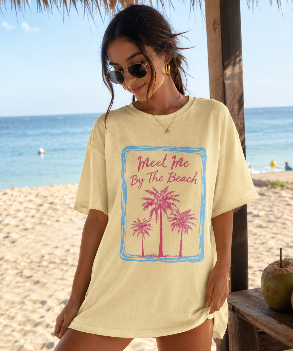 Retro Beach Graphic Tee | Meet Me By The Beach Shirt | Summer Vacation T-Shirt | Cute Coastal Aesthetic Tee for Women