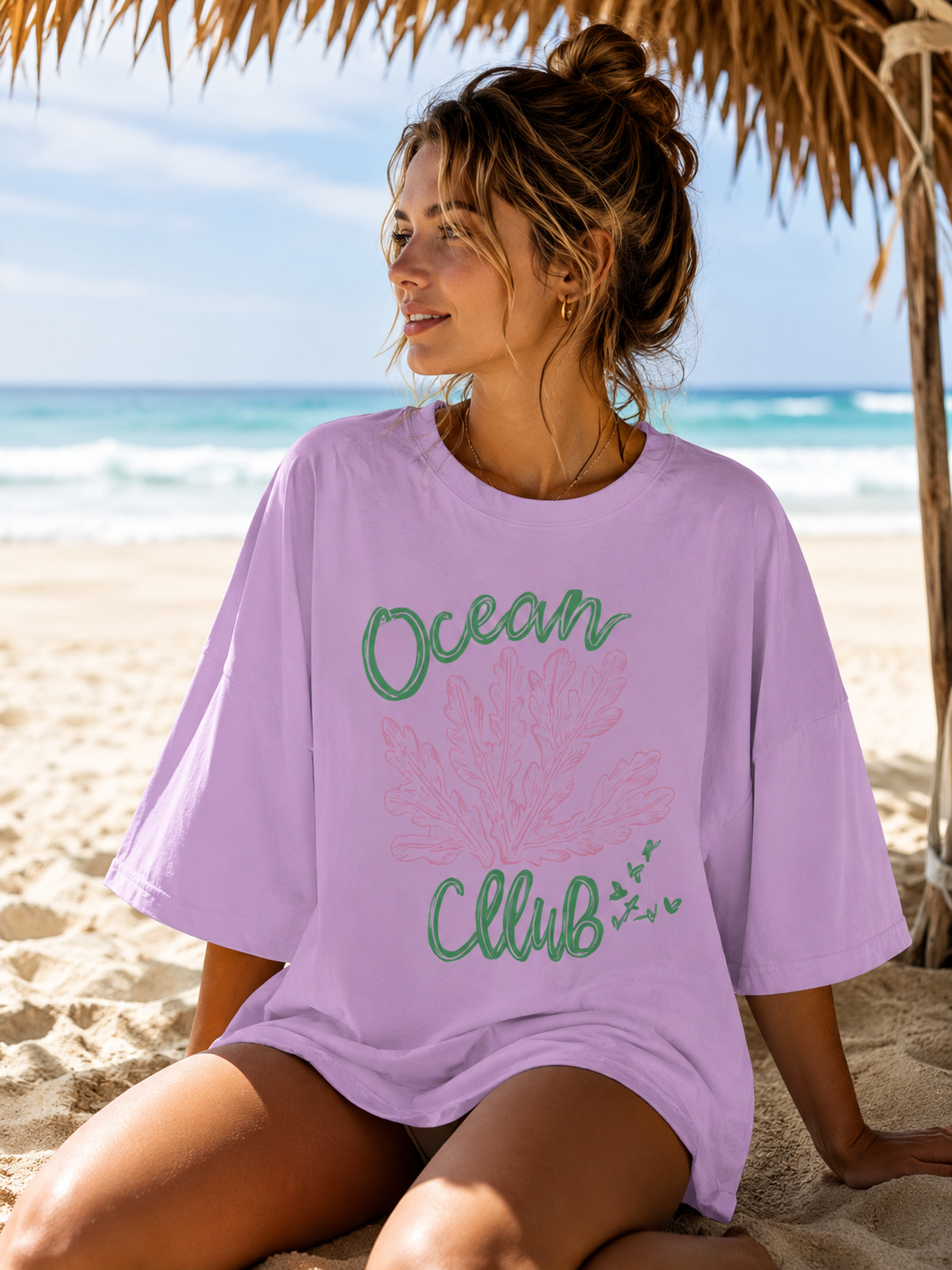 Ocean Club Oversized Comfort Colors T-Shirt | Trendy Beach Graphic Tee | Coastal Summer Aesthetic Shirt for Women | Beachy Coral Graphic Tee