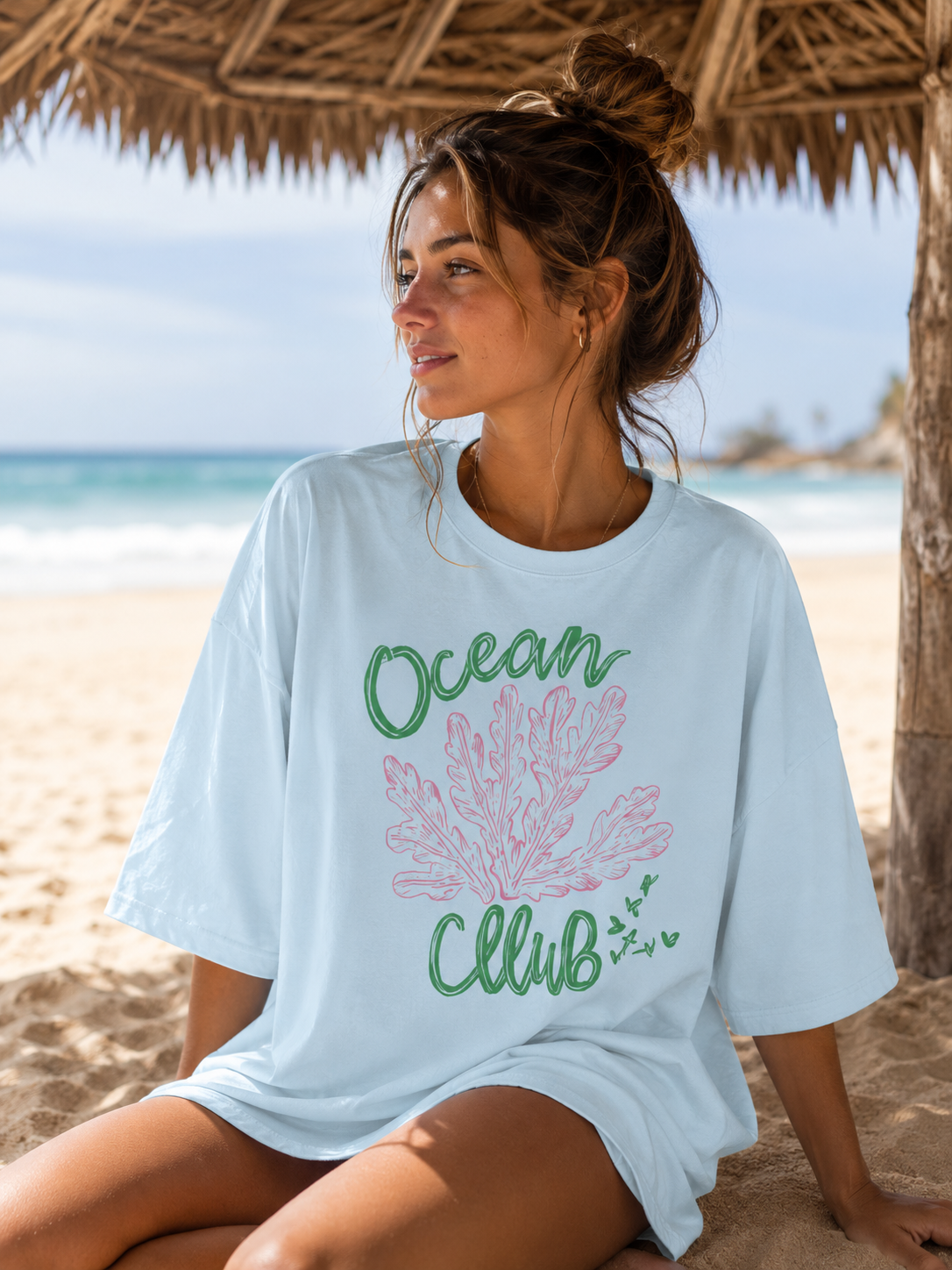 Ocean Club Oversized Comfort Colors T-Shirt | Trendy Beach Graphic Tee | Coastal Summer Aesthetic Shirt for Women | Beachy Coral Graphic Tee