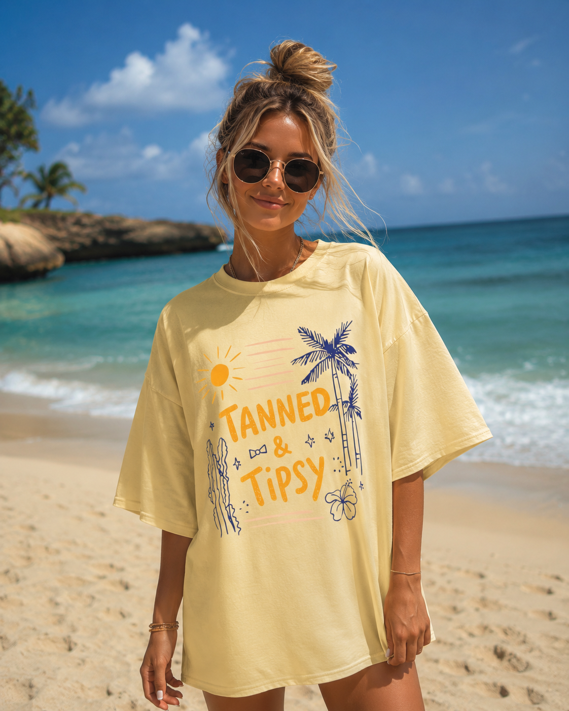Tanned & Tipsy  Beach Graphic Tee | Trendy Summer Vacation Shirt | Comfort Colors Tropical T-Shirt for Women