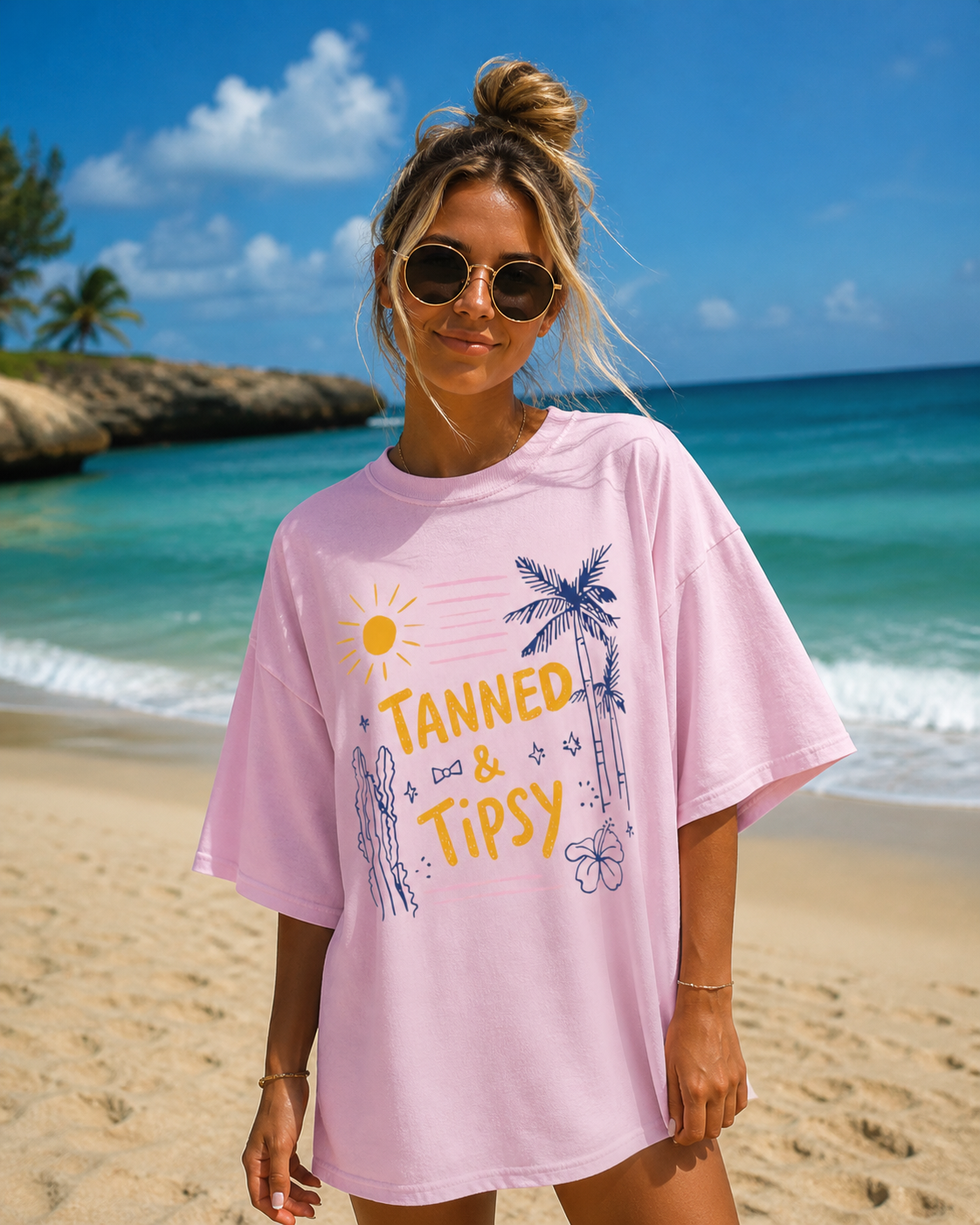 Tanned & Tipsy  Beach Graphic Tee | Trendy Summer Vacation Shirt | Comfort Colors Tropical T-Shirt for Women