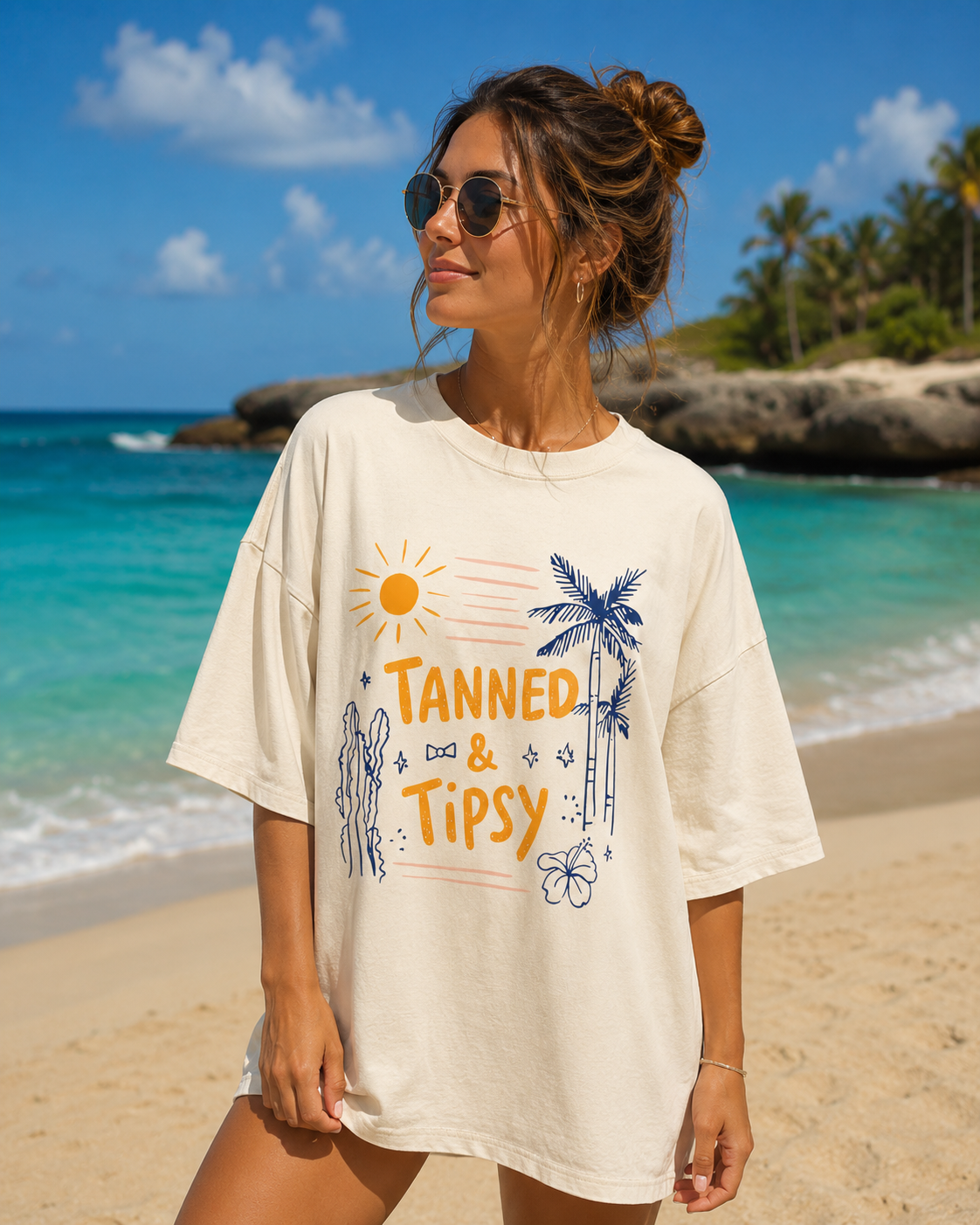 Tanned & Tipsy  Beach Graphic Tee | Trendy Summer Vacation Shirt | Comfort Colors Tropical T-Shirt for Women