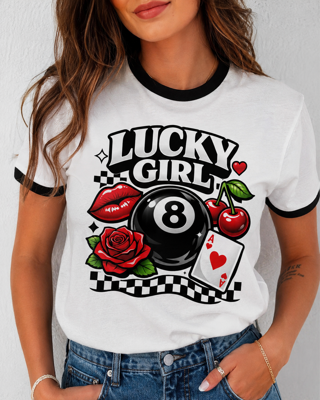 Lucky Girl Retro Ringer Tee | Vintage Cherry & 8 Ball Graphic T-Shirt | Trendy Y2K Tee | Aesthetic Streetwear Shirt for Women | Retro 8-Ball Tee