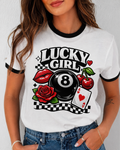 Lucky Girl Retro Ringer Tee | Vintage Cherry & 8 Ball Graphic T-Shirt | Trendy Y2K Tee | Aesthetic Streetwear Shirt for Women | Retro 8-Ball Tee
