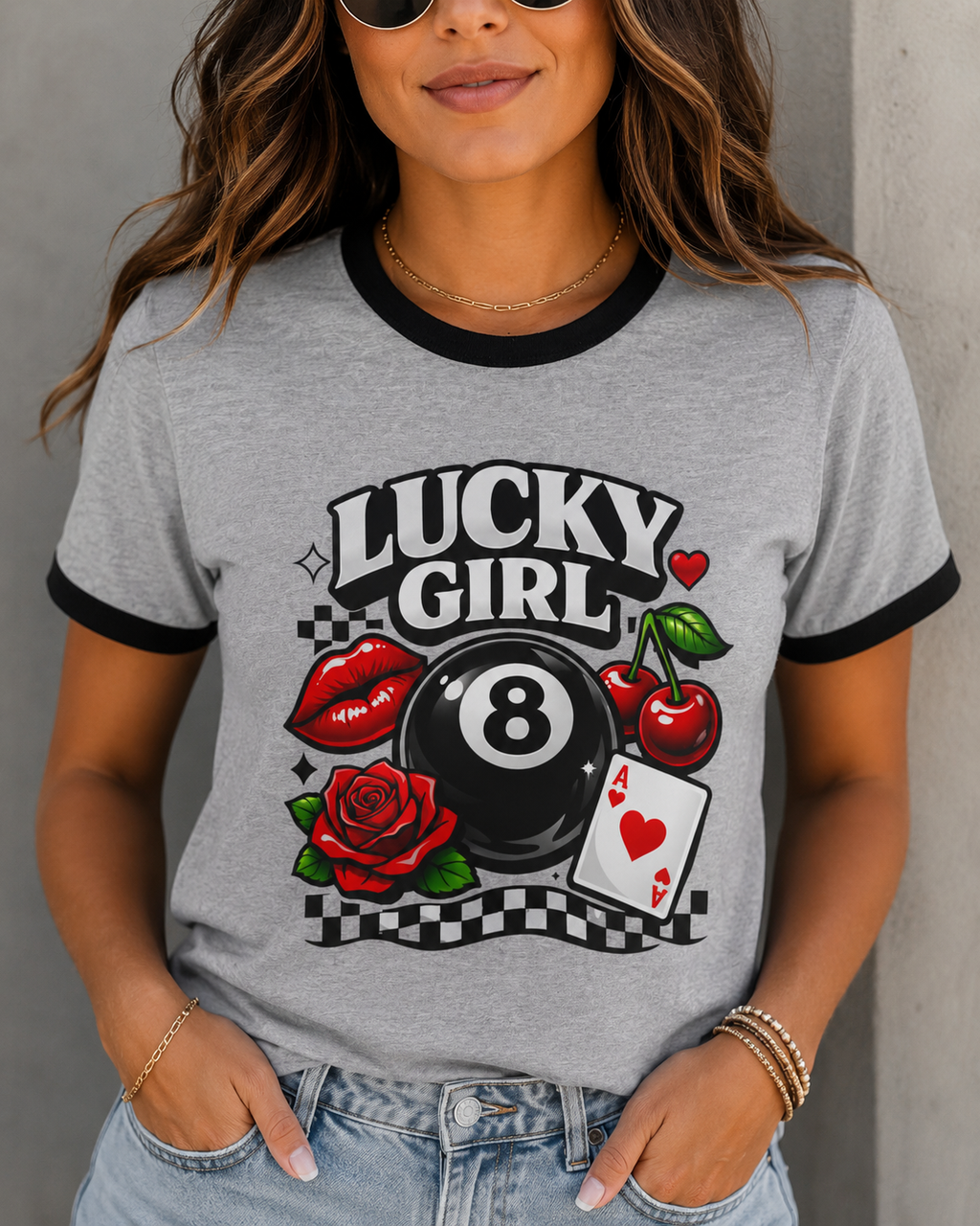 Lucky Girl Retro Ringer Tee | Vintage Cherry & 8 Ball Graphic T-Shirt | Trendy Y2K Tee | Aesthetic Streetwear Shirt for Women | Retro 8-Ball Tee