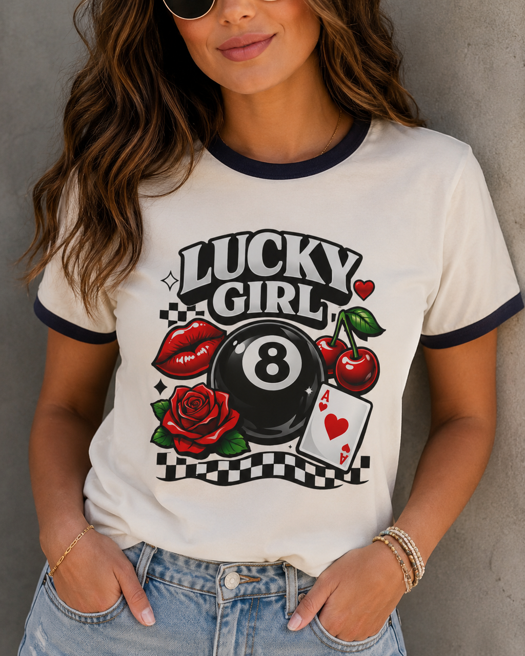 Lucky Girl Retro Ringer Tee | Vintage Cherry & 8 Ball Graphic T-Shirt | Trendy Y2K Tee | Aesthetic Streetwear Shirt for Women | Retro 8-Ball Tee
