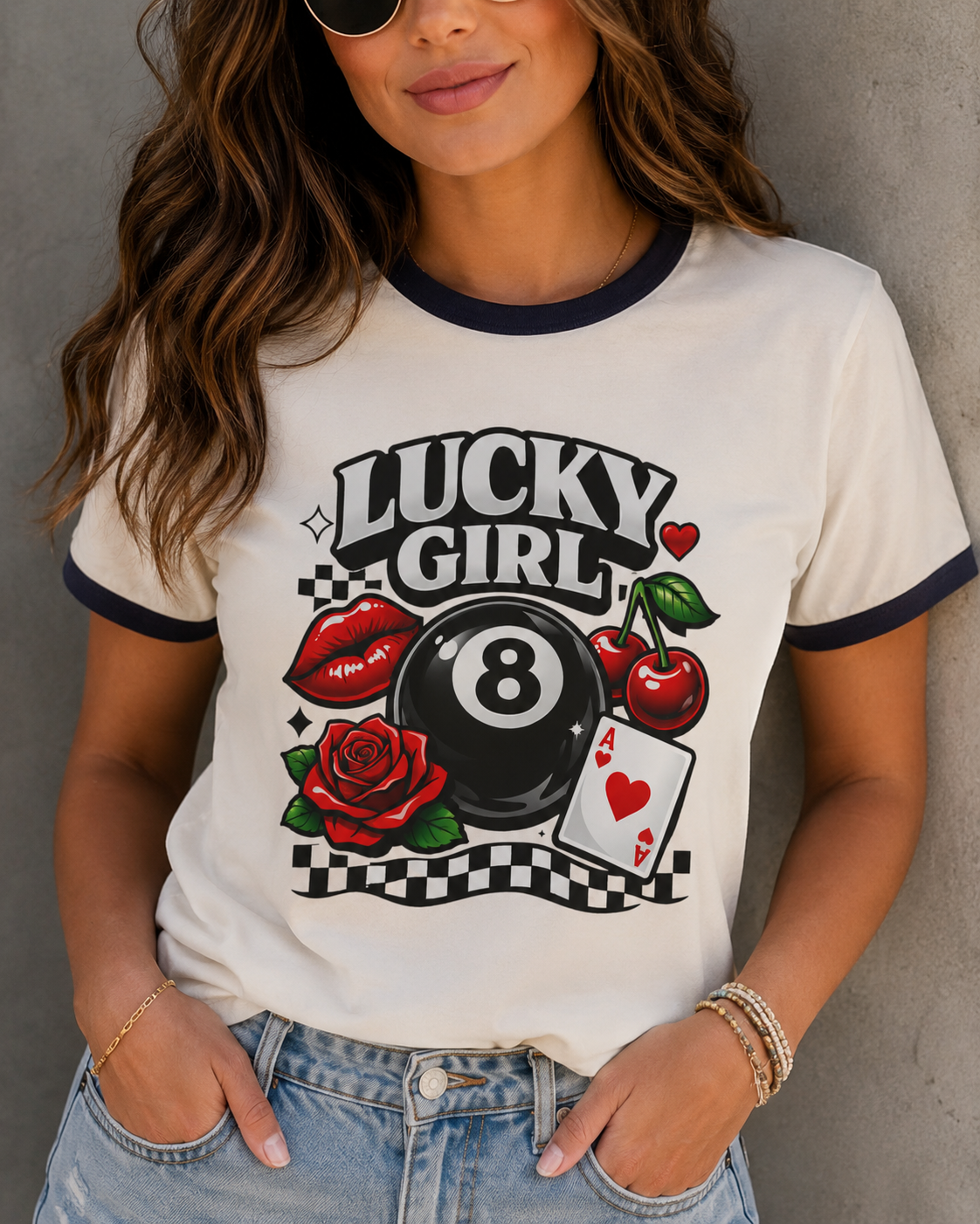 Lucky Girl Retro Ringer Tee | Vintage Cherry & 8 Ball Graphic T-Shirt | Trendy Y2K Tee | Aesthetic Streetwear Shirt for Women | Retro 8-Ball Tee