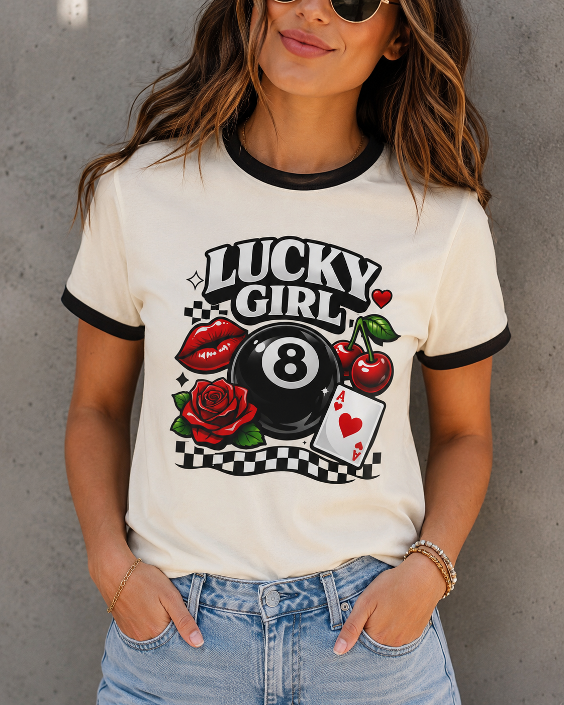 Lucky Girl Retro Ringer Tee | Vintage Cherry & 8 Ball Graphic T-Shirt | Trendy Y2K Tee | Aesthetic Streetwear Shirt for Women | Retro 8-Ball Tee