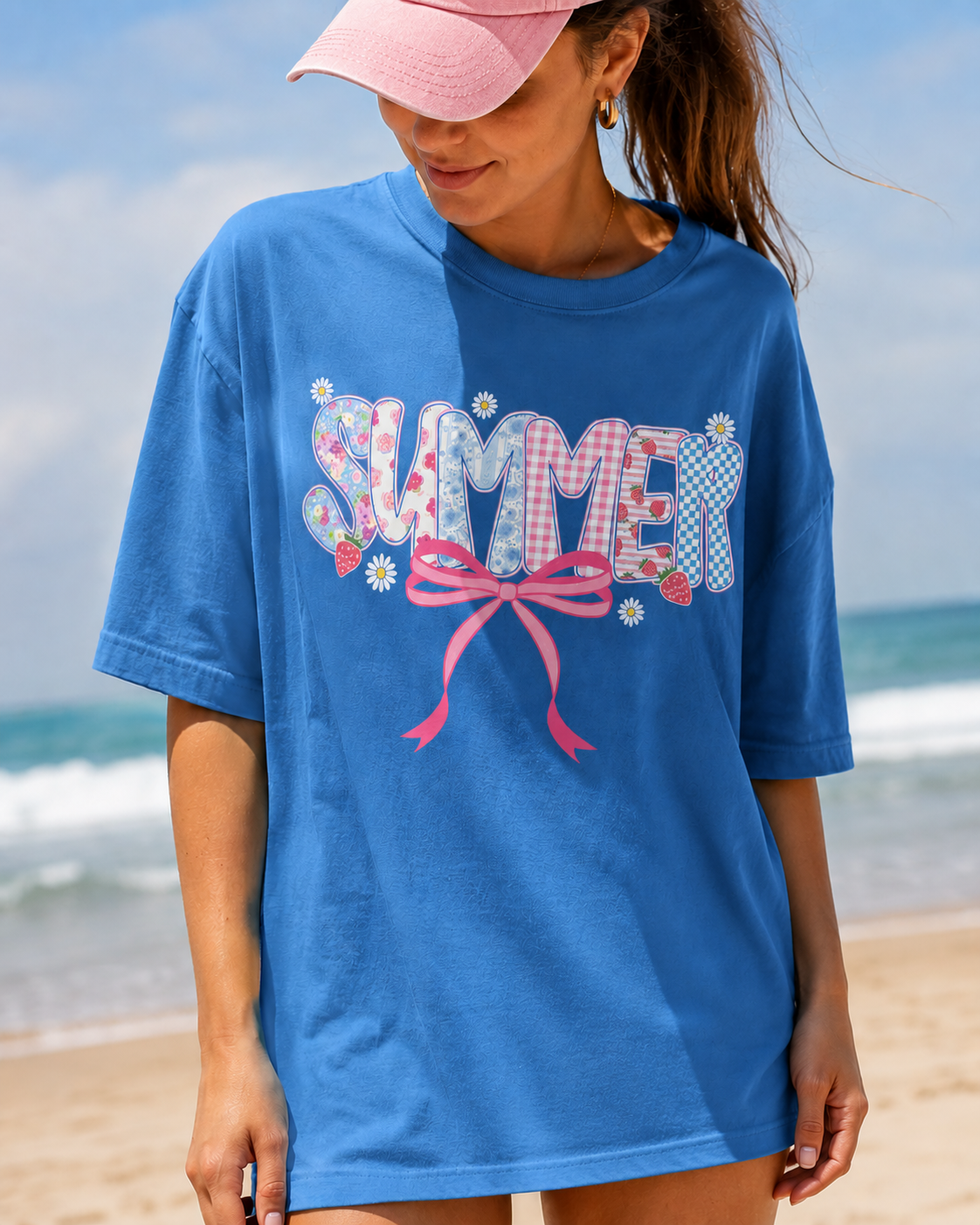 Summer Coquette Graphic Tee | Cute Pink Bow Beach Shirt for Women | Trendy Summer Aesthetic T-Shirt