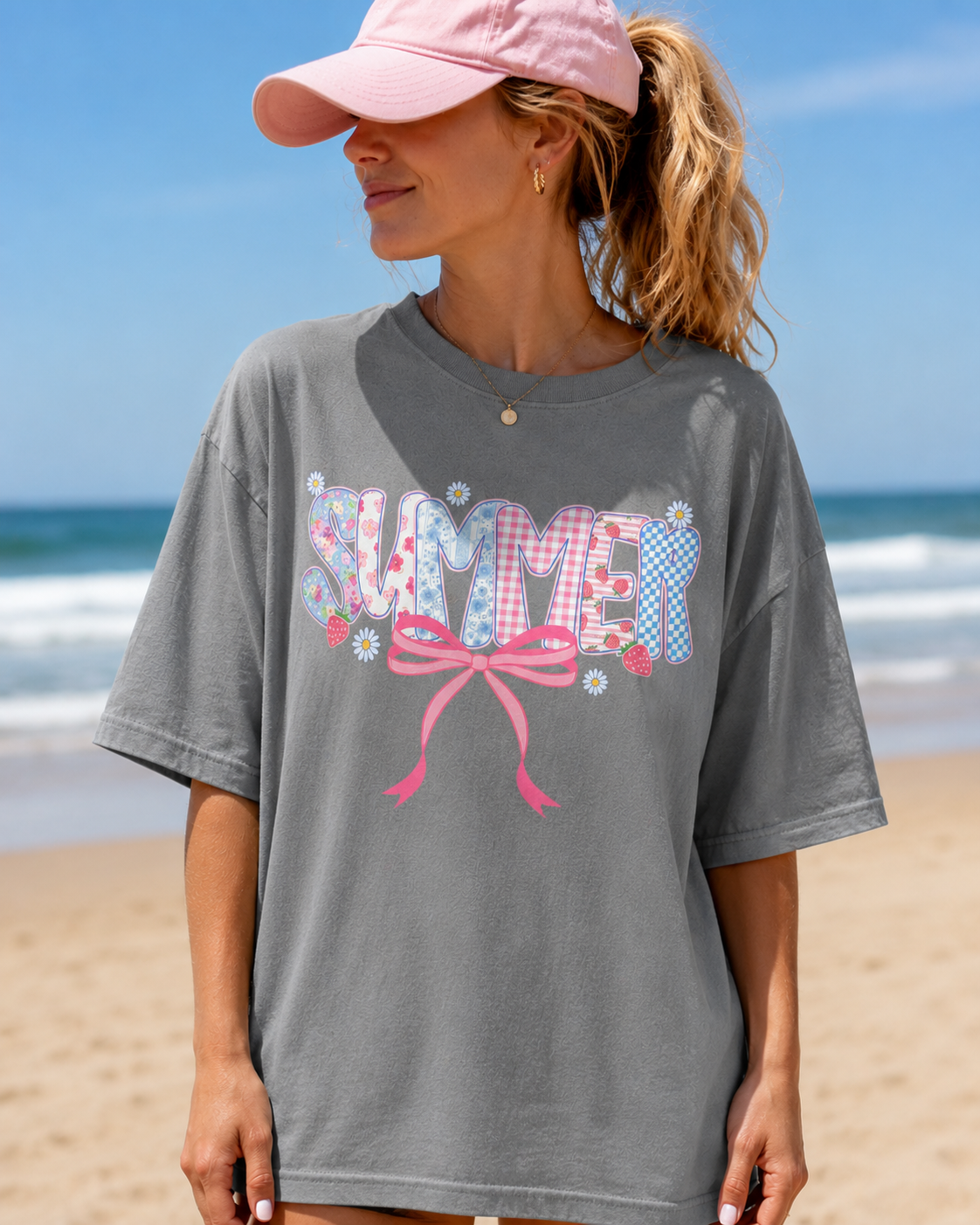 Summer Coquette Graphic Tee | Cute Pink Bow Beach Shirt for Women | Trendy Summer Aesthetic T-Shirt