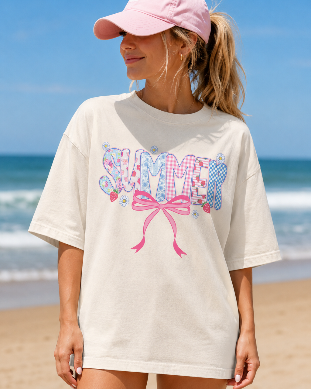Summer Coquette Graphic Tee | Cute Pink Bow Beach Shirt for Women | Trendy Summer Aesthetic T-Shirt