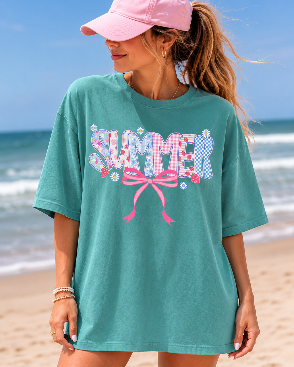 Summer Coquette Graphic Tee | Cute Pink Bow Beach Shirt for Women | Trendy Summer Aesthetic T-Shirt