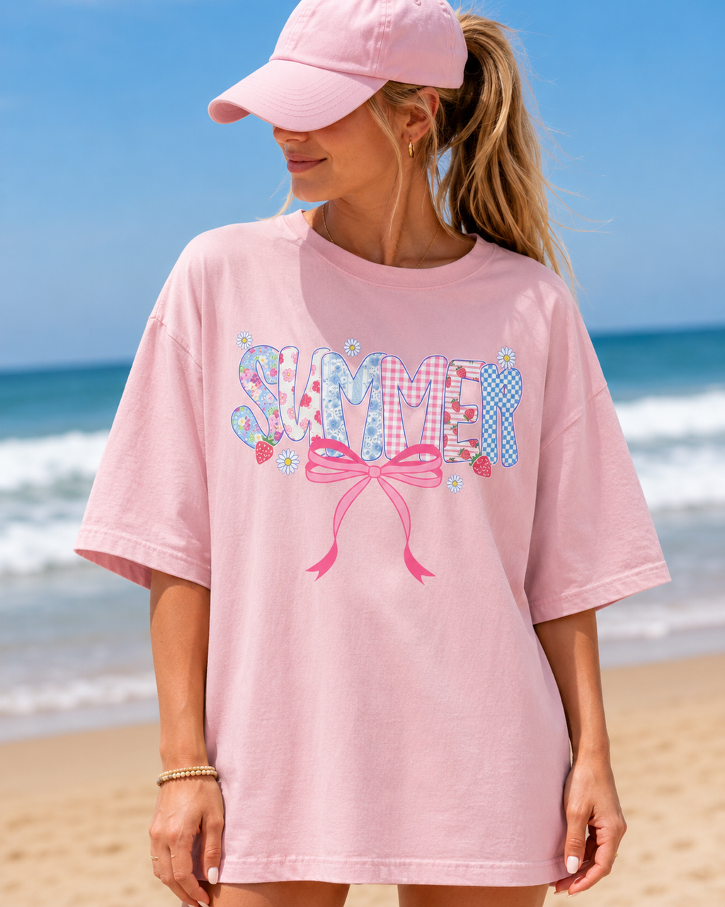 Summer Coquette Graphic Tee | Cute Pink Bow Beach Shirt for Women | Trendy Summer Aesthetic T-Shirt