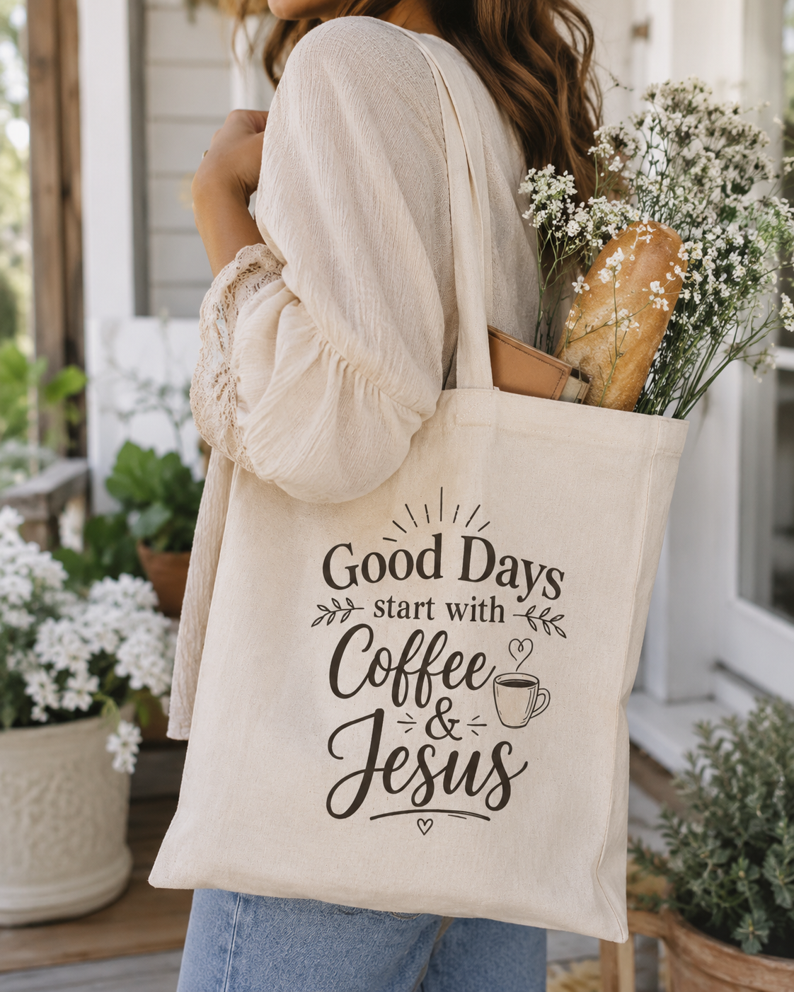 Good Days Start with Coffee & Jesus Tote Bag | Christian Boho Canvas Tote for Coffee Lovers | Faith Inspired Aesthetic Shoulder Bag | Canvas Shopping Tote