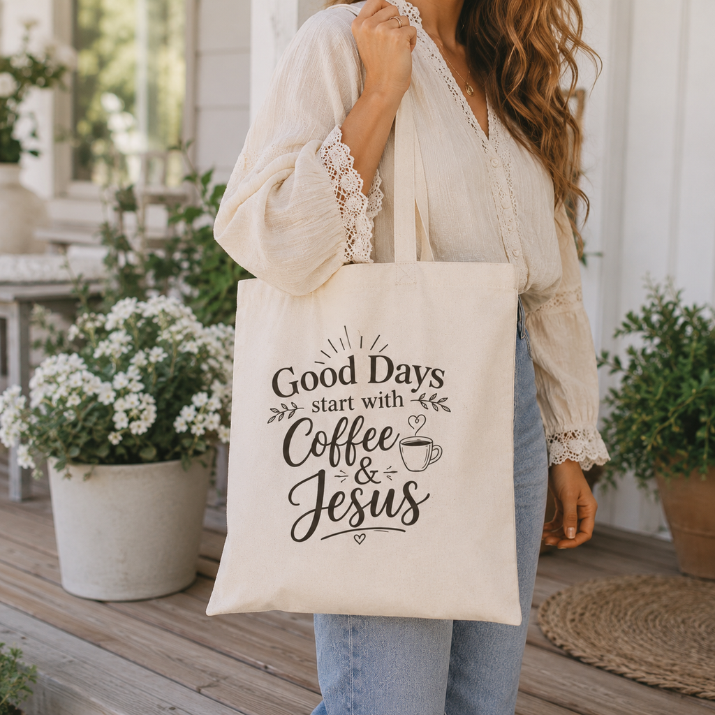 Good Days Start with Coffee & Jesus Tote Bag | Christian Boho Canvas Tote for Coffee Lovers | Faith Inspired Aesthetic Shoulder Bag | Canvas Shopping Tote