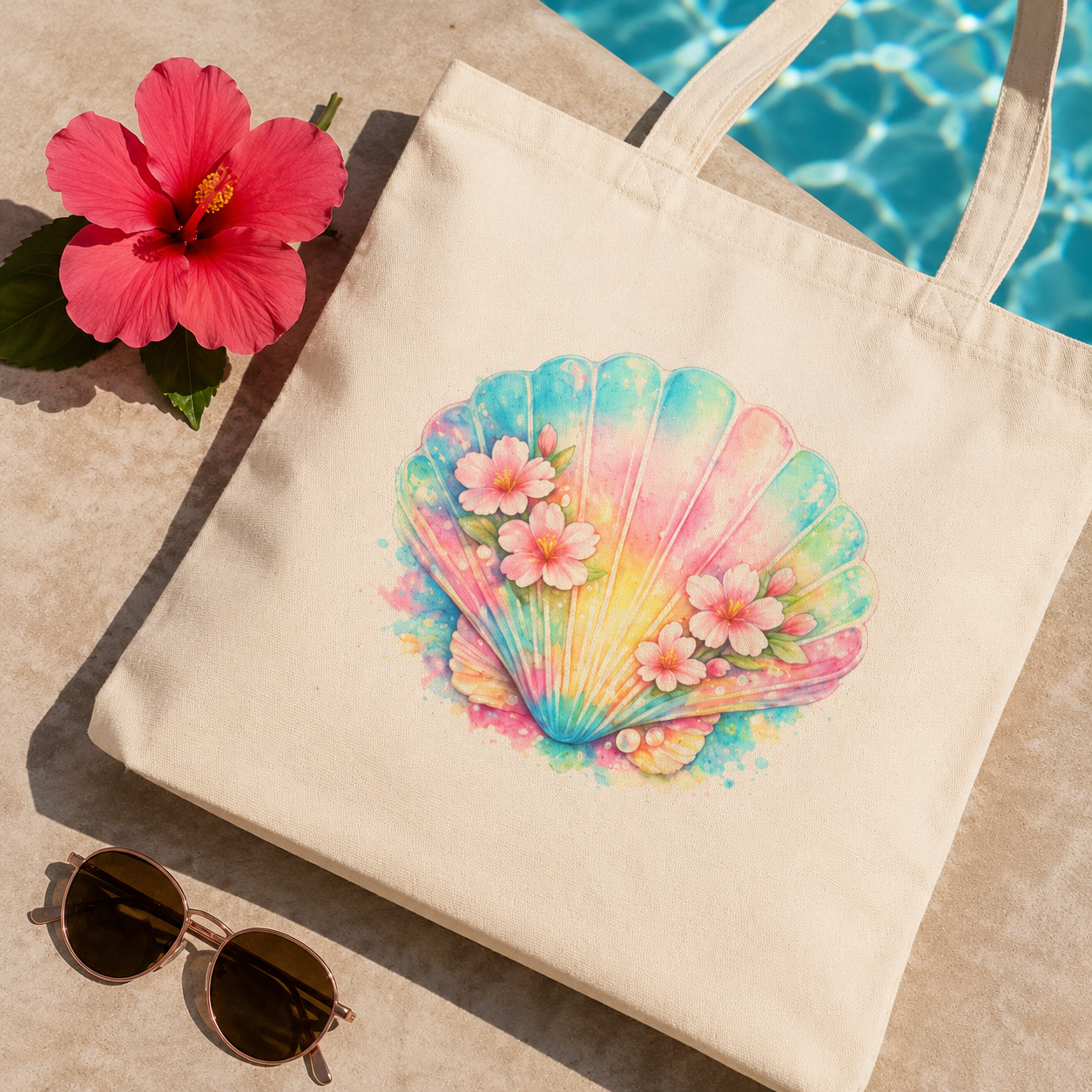 Pastel Seashell Floral Tote Bag | Coastal Beach Canvas Tote | Tropical Summer Aesthetic Bag | Cute Feminine Everyday Tote | Seashell Canvas Tote