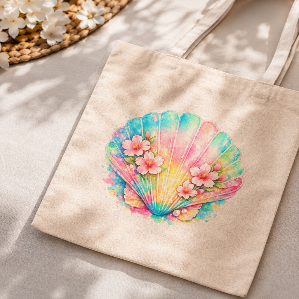 Pastel Seashell Floral Tote Bag | Coastal Beach Canvas Tote | Tropical Summer Aesthetic Bag | Cute Feminine Everyday Tote | Seashell Canvas Tote