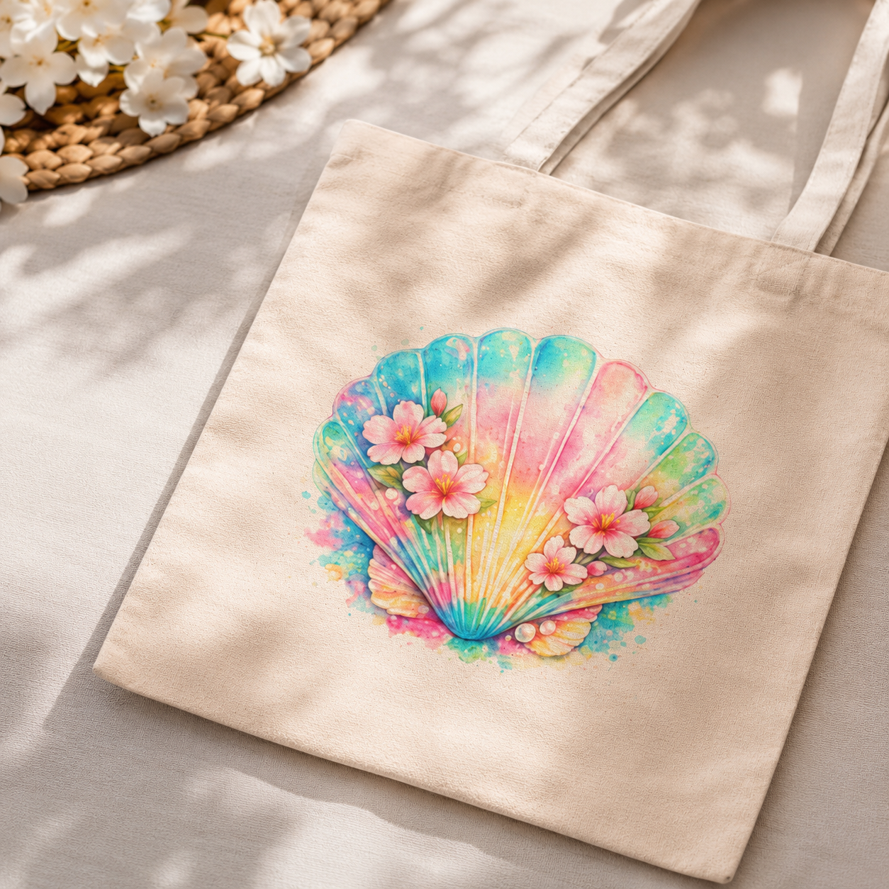 Pastel Seashell Floral Tote Bag | Coastal Beach Canvas Tote | Tropical Summer Aesthetic Bag | Cute Feminine Everyday Tote | Seashell Canvas Tote