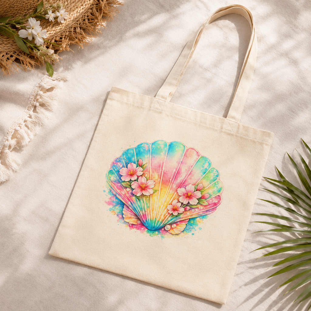 Pastel Seashell Floral Tote Bag | Coastal Beach Canvas Tote | Tropical Summer Aesthetic Bag | Cute Feminine Everyday Tote | Seashell Canvas Tote