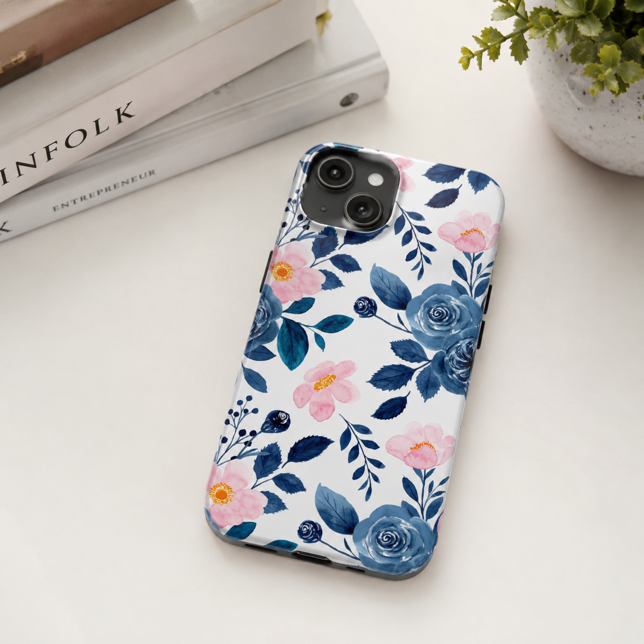 Blue Floral Phone Case for iPhone & Samsung | Cute Watercolor Rose Tough Case | Aesthetic Girly Protective Cover