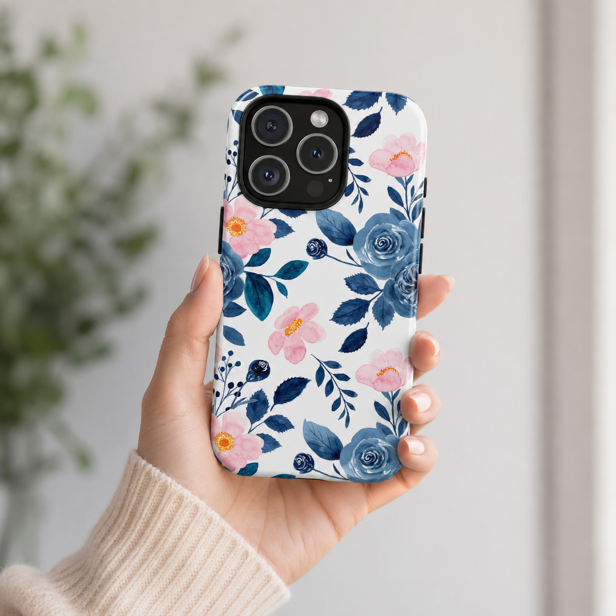 Blue Floral Phone Case for iPhone & Samsung | Cute Watercolor Rose Tough Case | Aesthetic Girly Protective Cover