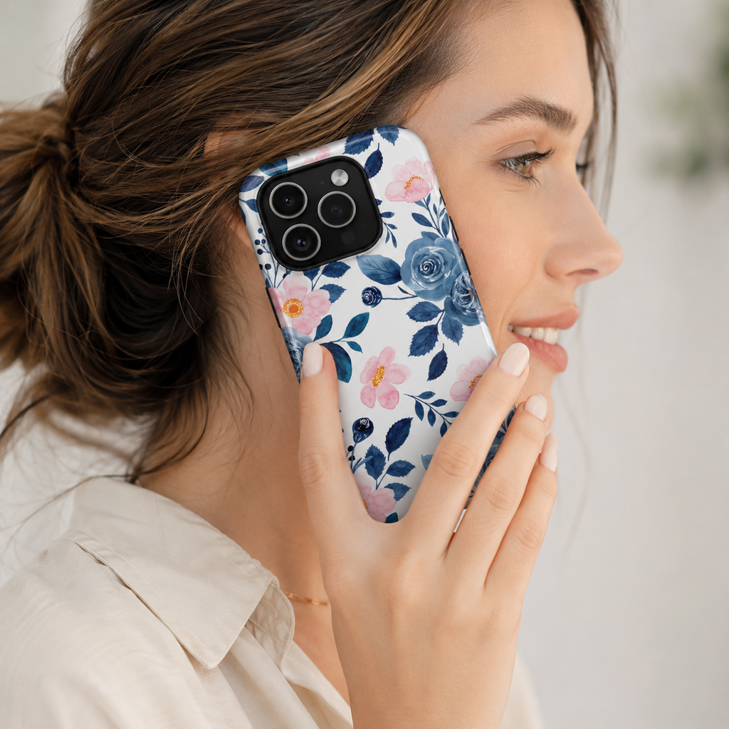 Blue Floral Phone Case for iPhone & Samsung | Cute Watercolor Rose Tough Case | Aesthetic Girly Protective Cover