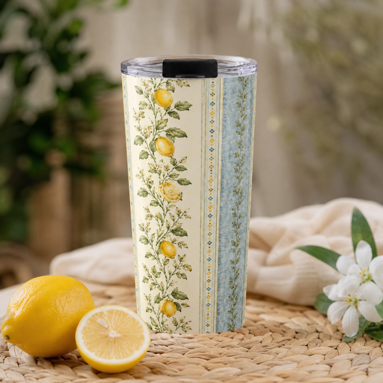 Vintage Lemon Floral 20oz Tumbler with Lid | Cottagecore Stainless Steel Travel Cup | Aesthetic Lemon Drink Tumbler | Gift for Women | Citrus Floral Travel Mug