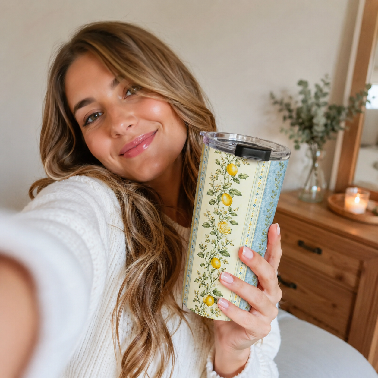 Vintage Lemon Floral 20oz Tumbler with Lid | Cottagecore Stainless Steel Travel Cup | Aesthetic Lemon Drink Tumbler | Gift for Women | Citrus Floral Travel Mug