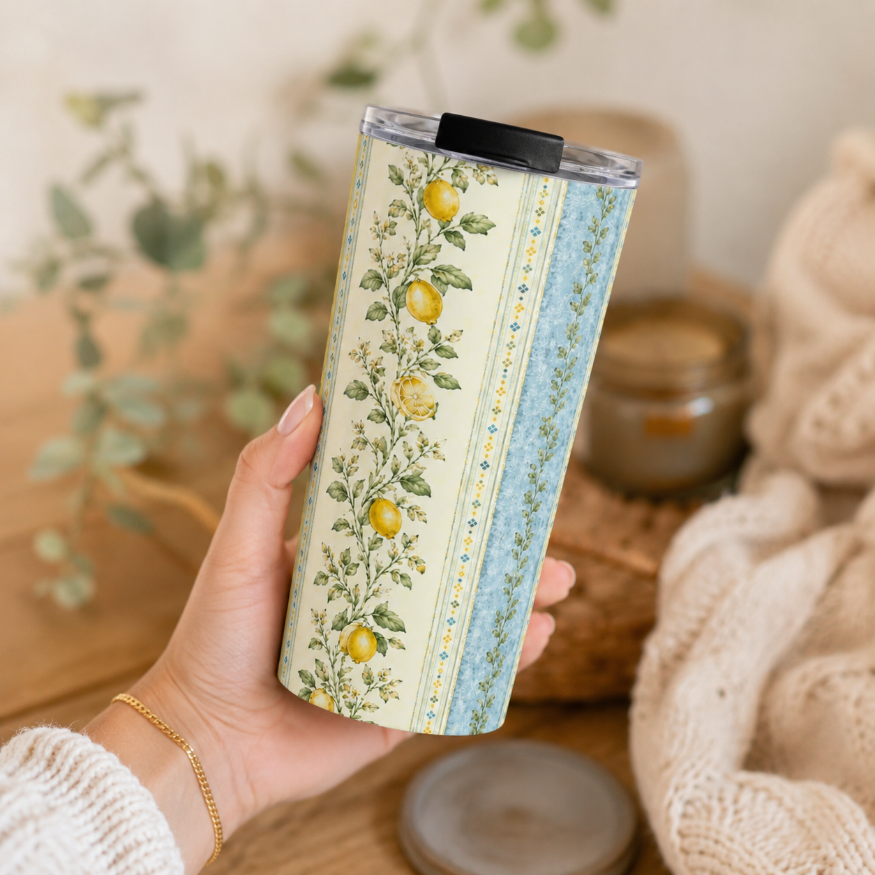 Vintage Lemon Floral 20oz Tumbler with Lid | Cottagecore Stainless Steel Travel Cup | Aesthetic Lemon Drink Tumbler | Gift for Women | Citrus Floral Travel Mug